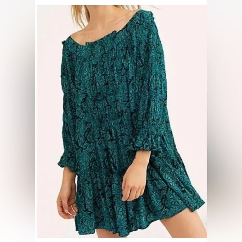 Free People See Ya Later Green Black/Turquoise Smocked Floral Dress Size XS